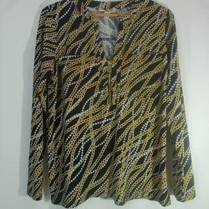 Michael Kors Chain Print Blouse Women’s Large Black Gold Long Sleeve Zip Neck